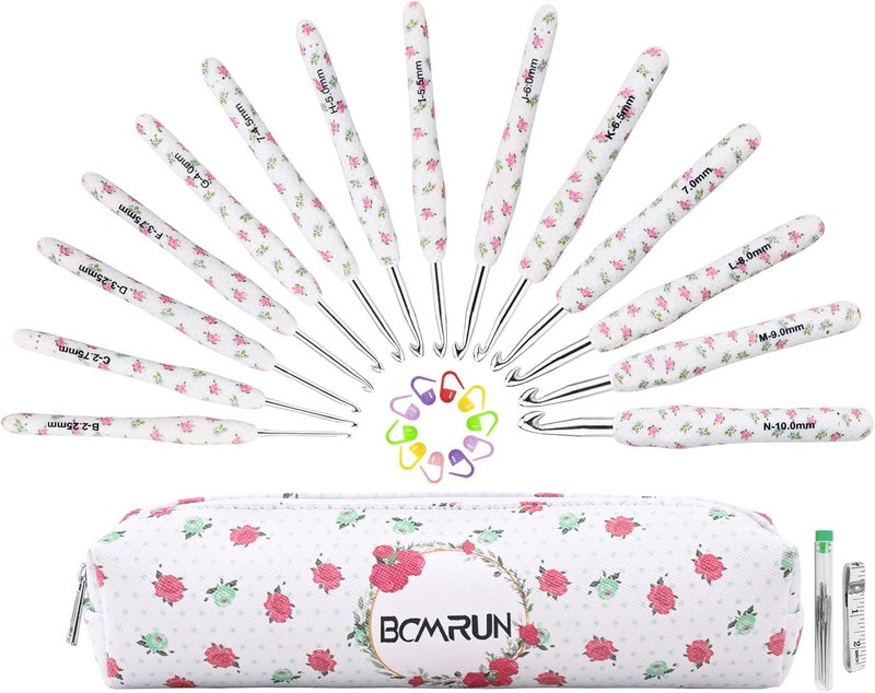 BCMRUN Crochet Gifts, 14pcs Flower Pattern 2.25mm-10mm Soft Grip Metal Crochet Hooks for Crocheting & Knitting, Weave Yarn Craft Kits (White) - Image 1
